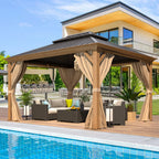 10'X12' Gazebo, Wood Grain Aluminum Frame Canopy with Double Galvanized Steel Hardtop Roof, Outdoor Permanent Metal Pavilion with Curtains and Nettings for Patio, Backyard and Deck