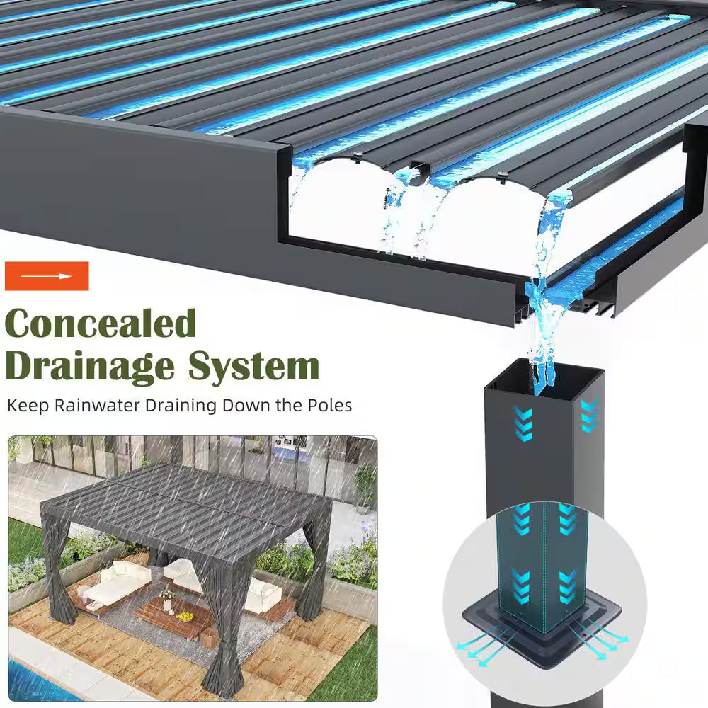 12 Ft. W X 10 Ft. D Aluminum Pergola with Adjustable Louvered Roof, Waterproof Curtains and Nets