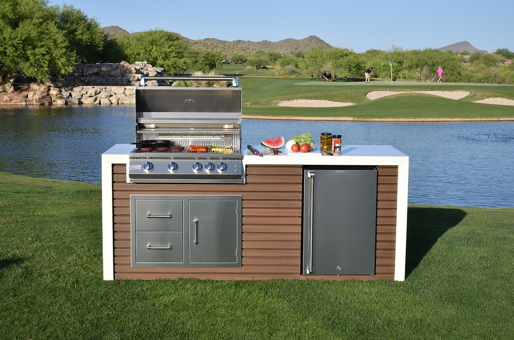 KoKoMo Waterfall Edge Outdoor Kitchen Island with 32” Built-In Grill