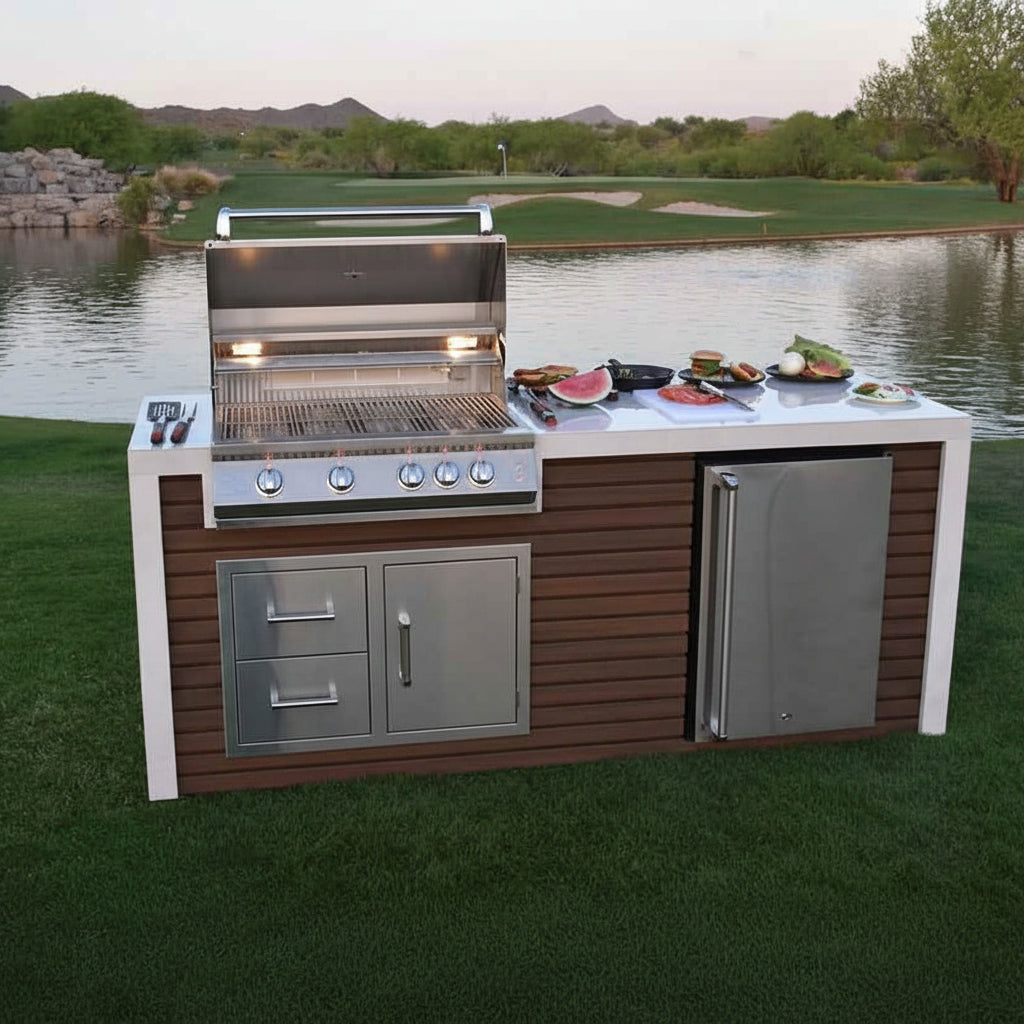 KoKoMo Waterfall Edge Outdoor Kitchen Island with 32” Built-In Grill