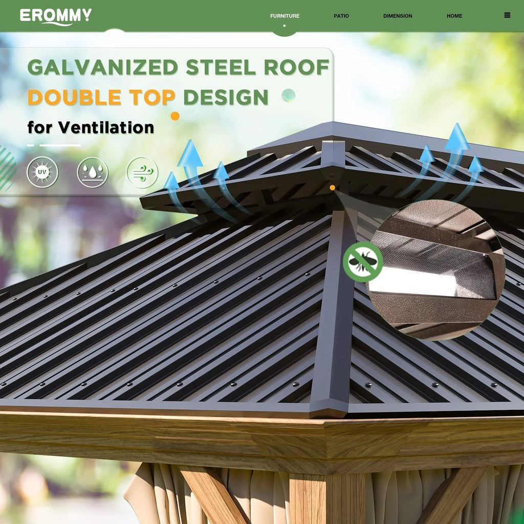 10'X12' Gazebo, Wood Grain Aluminum Frame Canopy with Double Galvanized Steel Hardtop Roof, Outdoor Permanent Metal Pavilion with Curtains and Nettings for Patio, Backyard and Deck