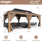 12' X 20' Hardtop Gazebo, Wooden Finish Coated Aluminum Frame Gazebo with Galvanized Steel Double Roof with Curtains and Netting