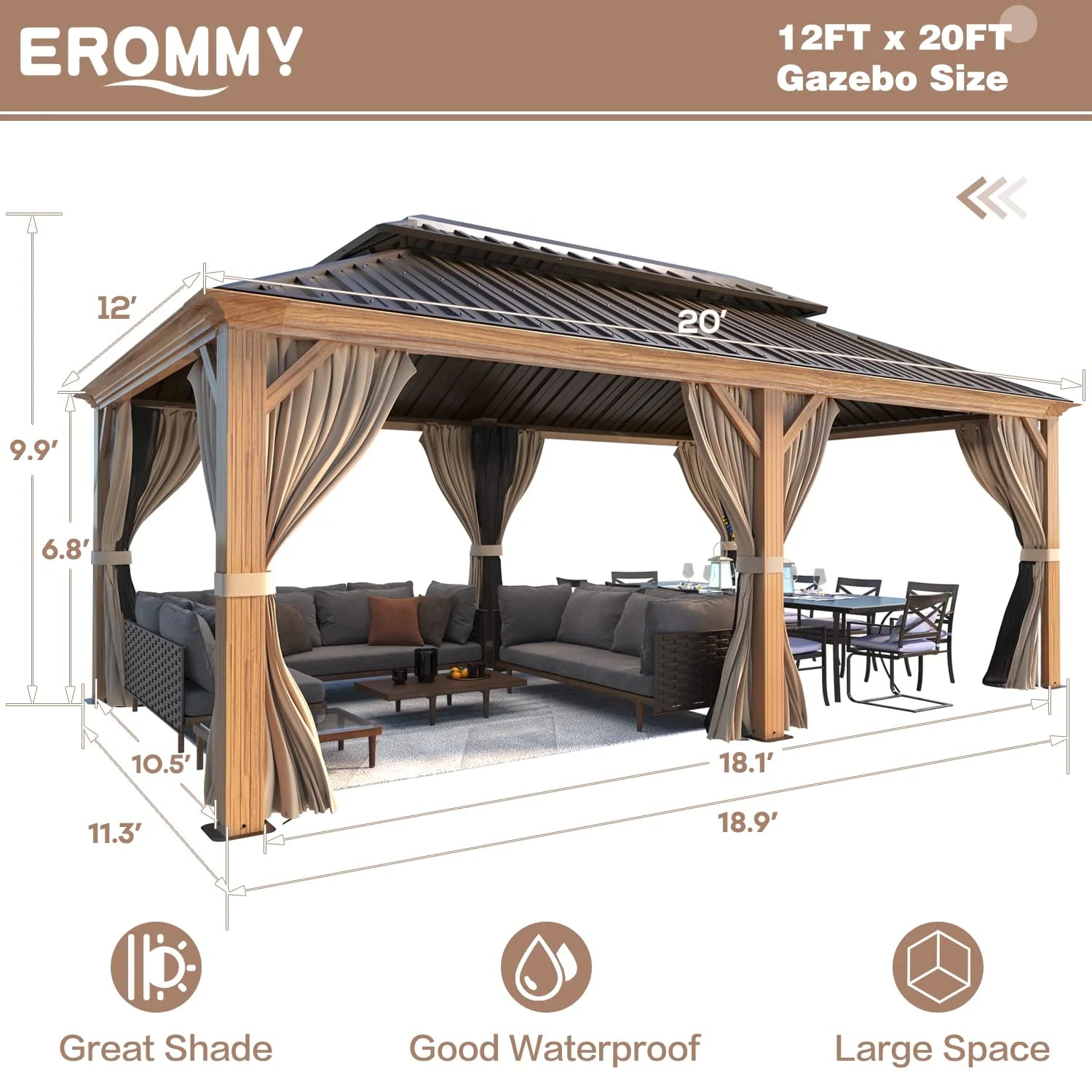 12' X 20' Hardtop Gazebo, Wooden Finish Coated Aluminum Frame Gazebo with Galvanized Steel Double Roof with Curtains and Netting