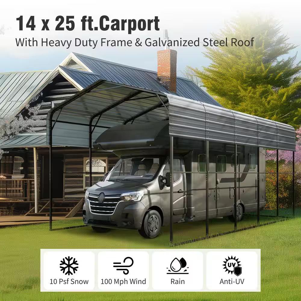 14 Ft. X 25 Ft. Carport Steel RV Car Canopy Shelter in Black