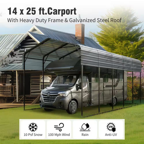 14 Ft. X 25 Ft. Carport Steel RV Car Canopy Shelter in Black