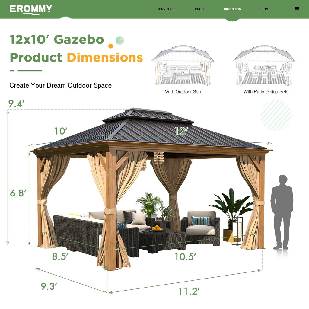10'X12' Gazebo, Wood Grain Aluminum Frame Canopy with Double Galvanized Steel Hardtop Roof, Outdoor Permanent Metal Pavilion with Curtains and Nettings for Patio, Backyard and Deck