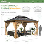 10'X12' Gazebo, Wood Grain Aluminum Frame Canopy with Double Galvanized Steel Hardtop Roof, Outdoor Permanent Metal Pavilion with Curtains and Nettings for Patio, Backyard and Deck