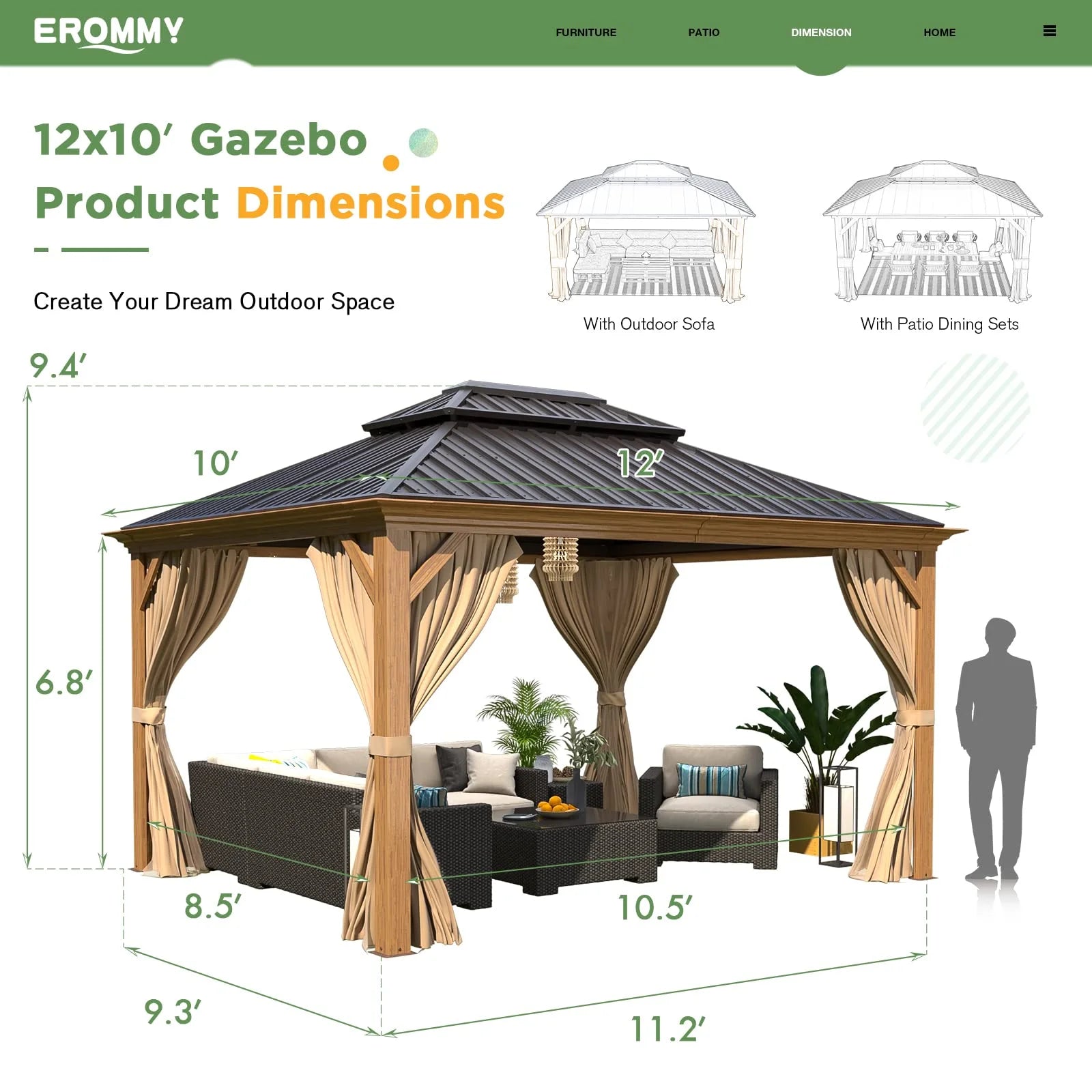 10'X12' Gazebo, Wood Grain Aluminum Frame Canopy with Double Galvanized Steel Hardtop Roof, Outdoor Permanent Metal Pavilion with Curtains and Nettings for Patio, Backyard and Deck