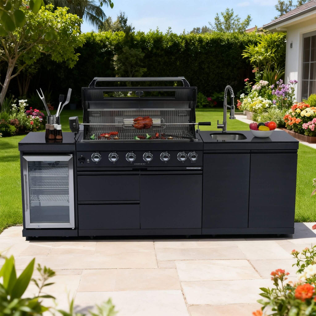 Castelle Flame 43" 6-Burner Stainless Steel Outdoor Kitchen Island with Wine Cooler & Sink (SAK19476)