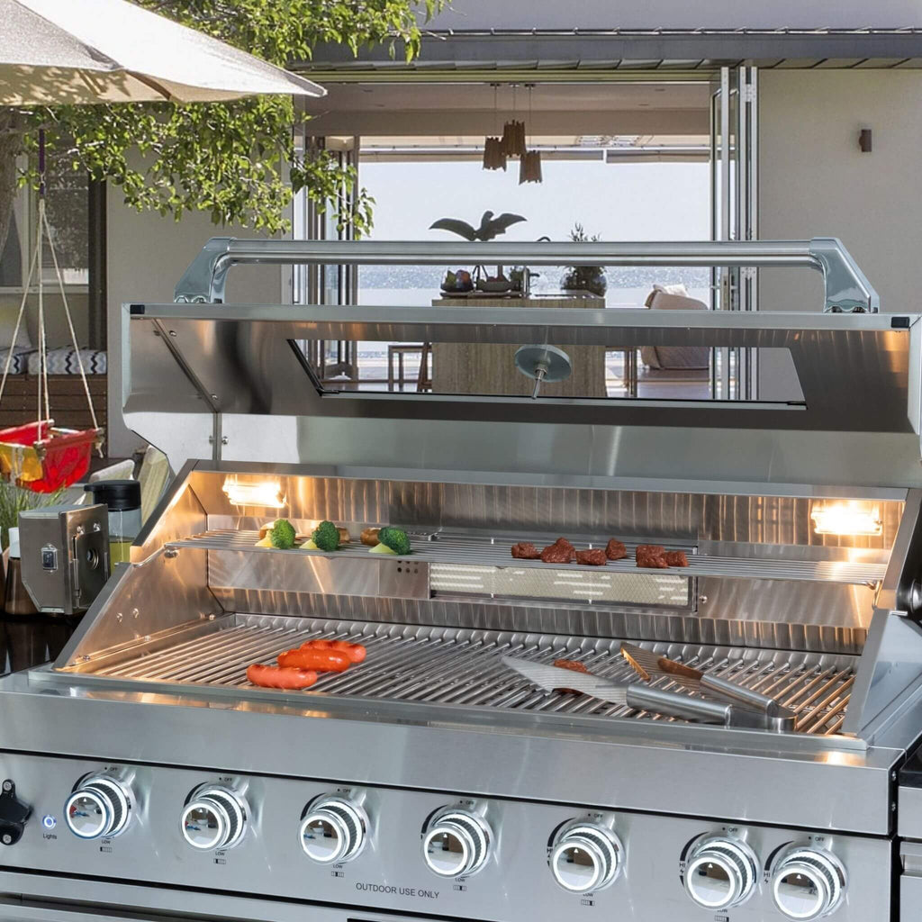 Castelle Flame 44-Inch 6-Burner Stainless Steel Outdoor Kitchen Island with Wine Cooler and Rotisserie (SAK97105)