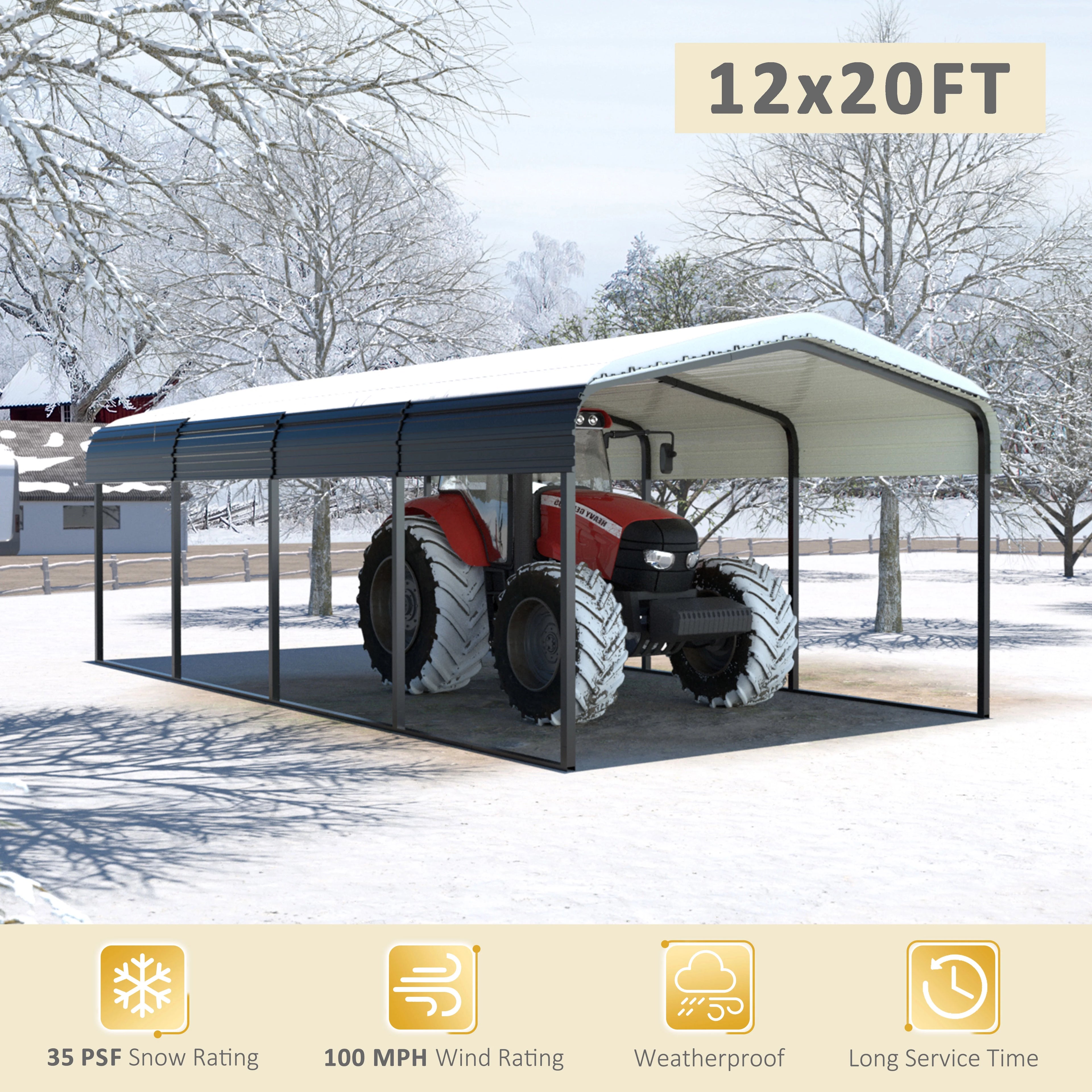 20' x 12' Heavy-Duty Galvanized Steel Carport and All-Weather Vehicle Shelter - Gray