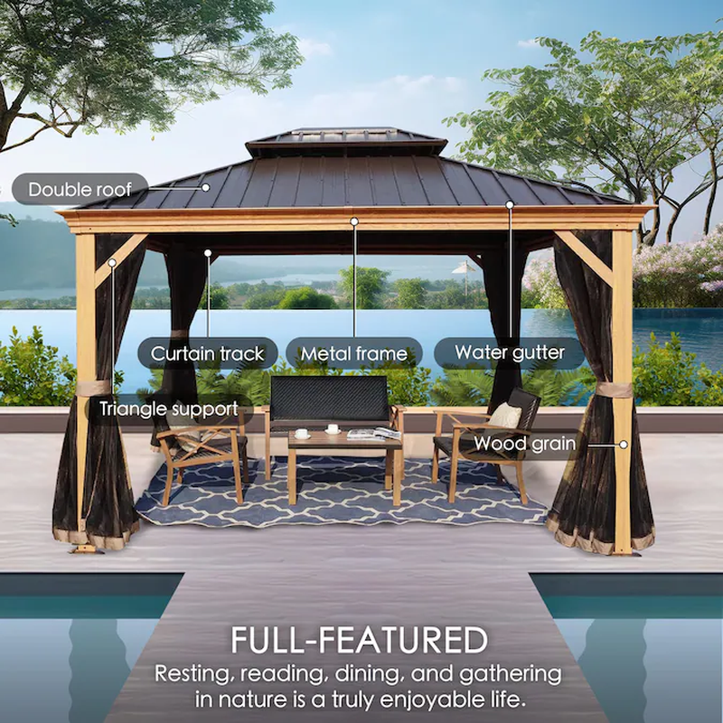 Apollo 12' x 20' Hardtop Gazebo with Wood-Grain Finish