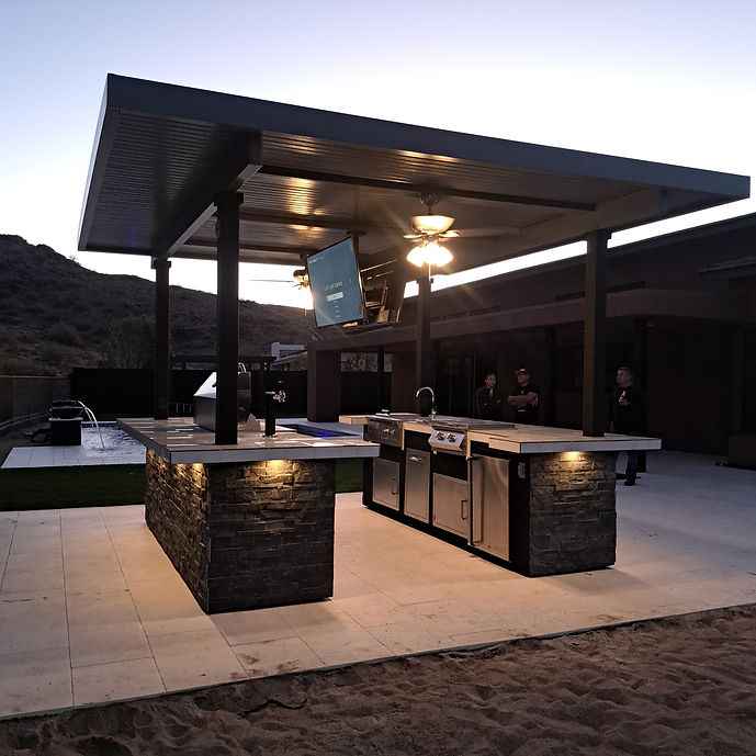 KoKoMo Big Island Sports Bar Outdoor Kitchen with Dual 55-Inch TV Mounts