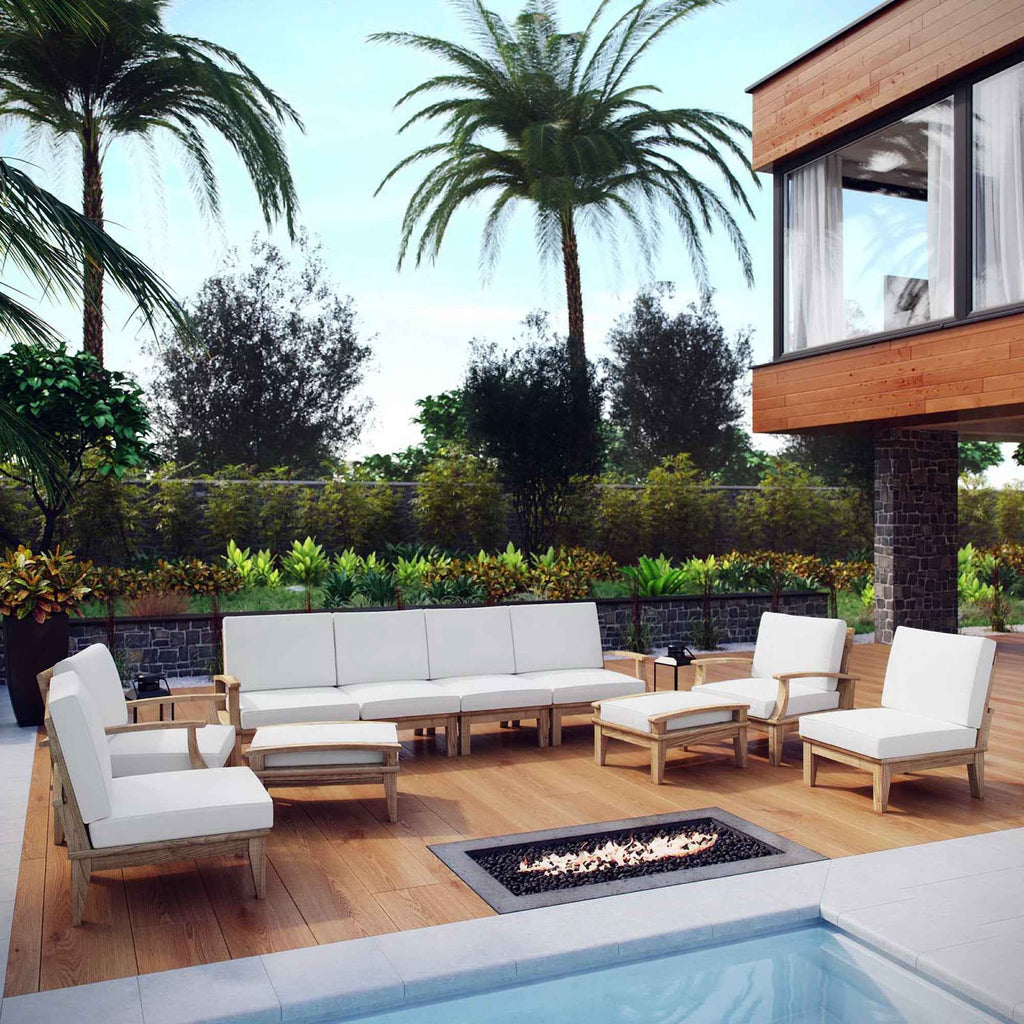 Modway Marina 10-Piece Outdoor Teak Sectional Set with White Performance Cushions