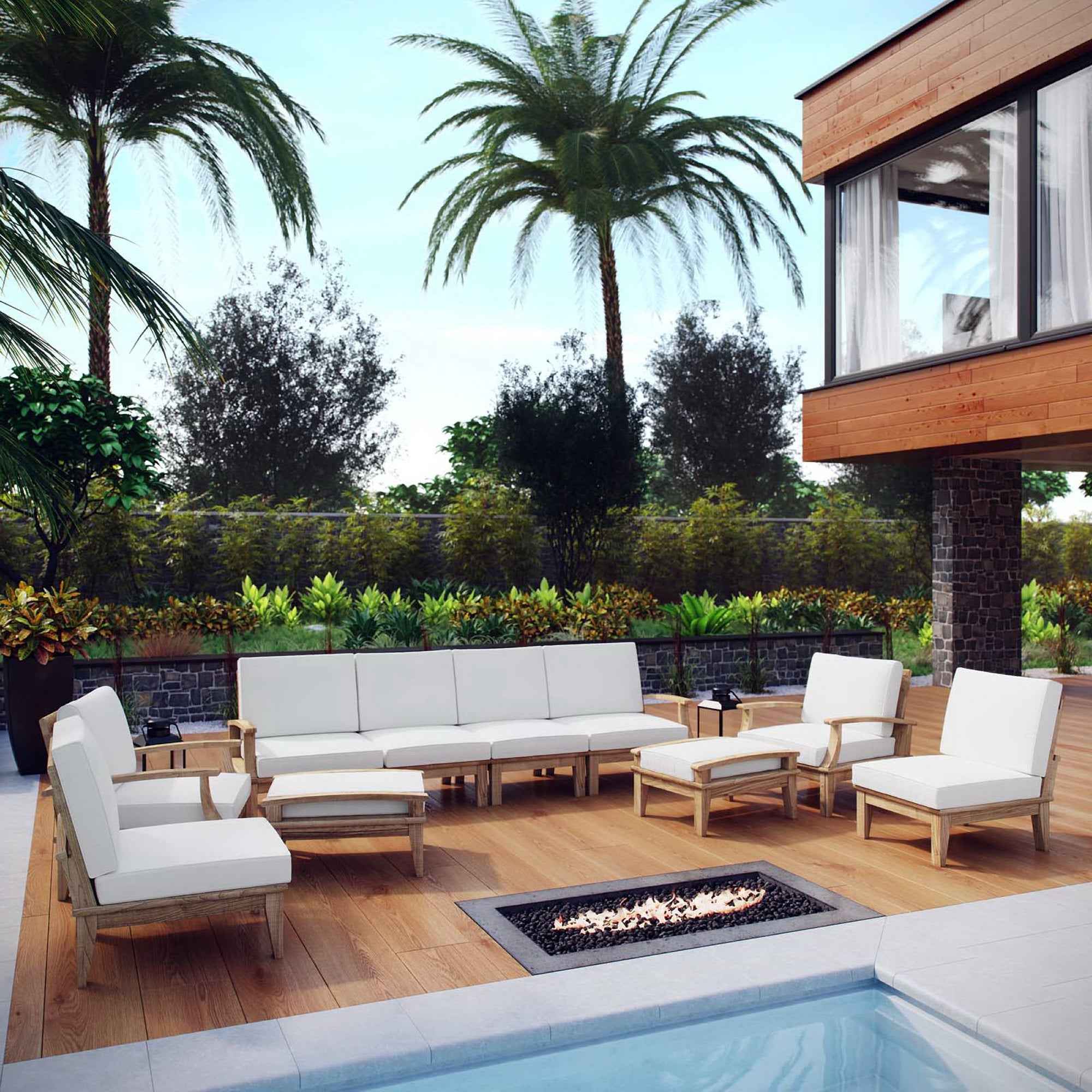 Modway Marina 10-Piece Outdoor Teak Sectional Set with White Performance Cushions