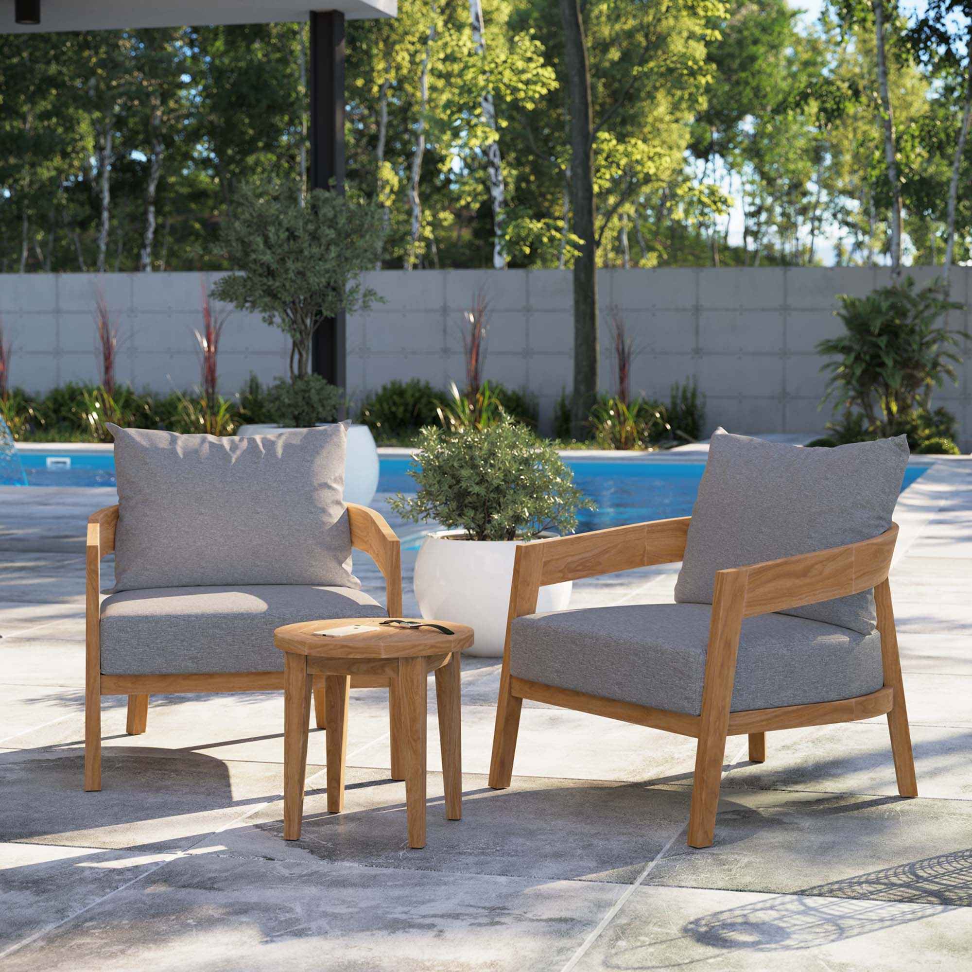 Modway Brisbane 3-Piece Grey Teak Outdoor Conversation Set