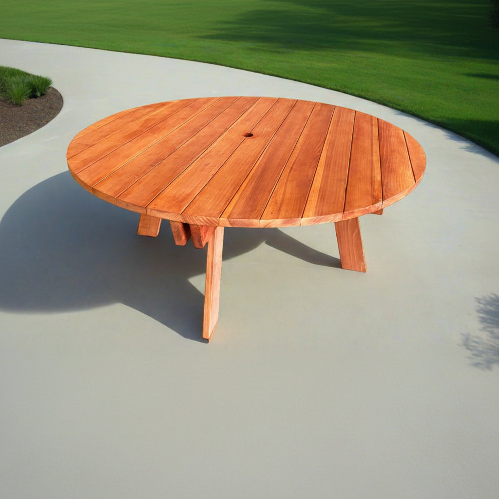 Super Deck Round Redwood Picnic Table