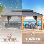 12' X 20' Hardtop Gazebo, Wooden Finish Coated Aluminum Frame Gazebo with Galvanized Steel Double Roof with Curtains and Netting