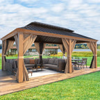 12' X 20' Hardtop Gazebo, Wooden Finish Coated Aluminum Frame Gazebo with Galvanized Steel Double Roof with Curtains and Netting