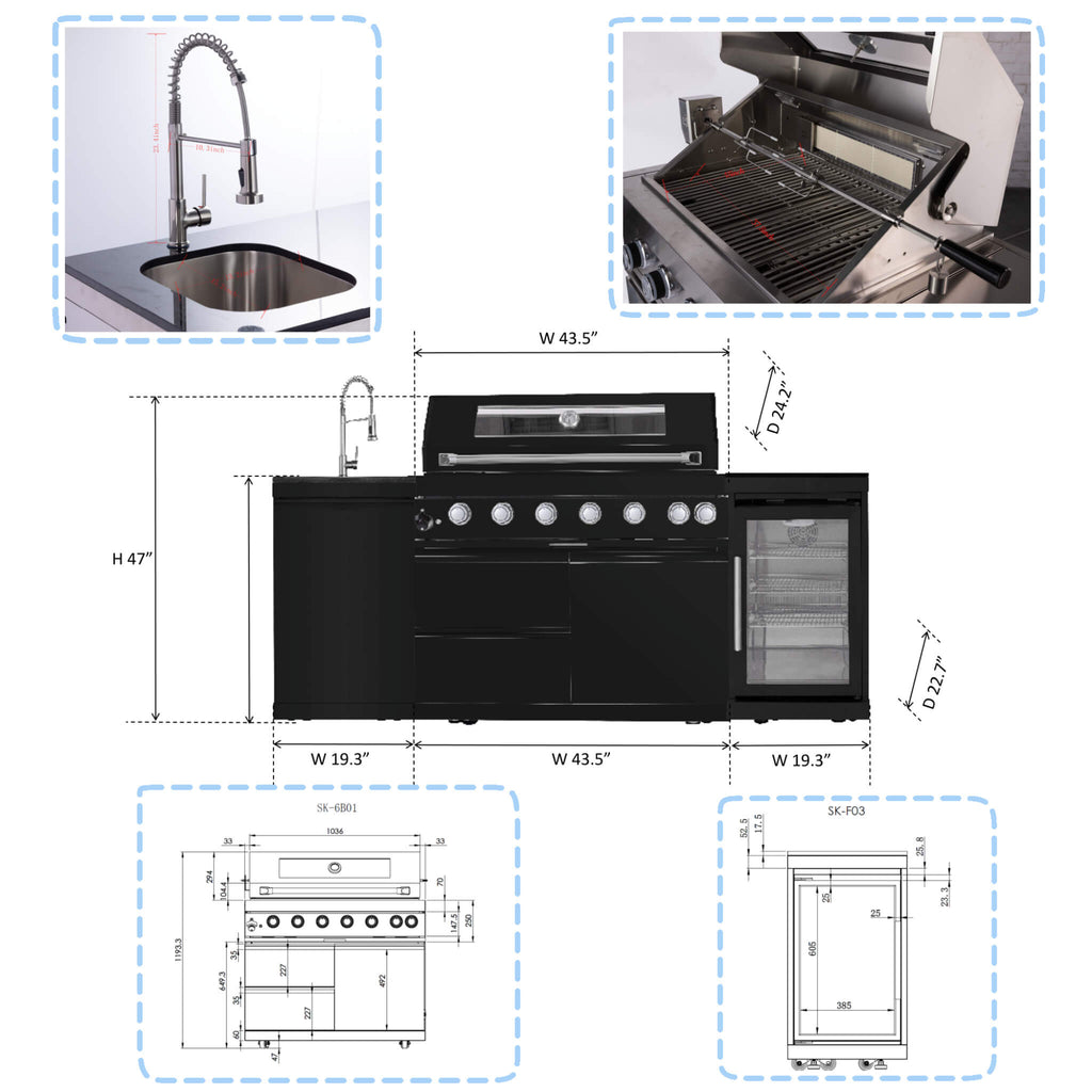 Castelle Flame 85K BTU Professional 6-Burner Outdoor Kitchen Suite with Black Granite (SAK23864)