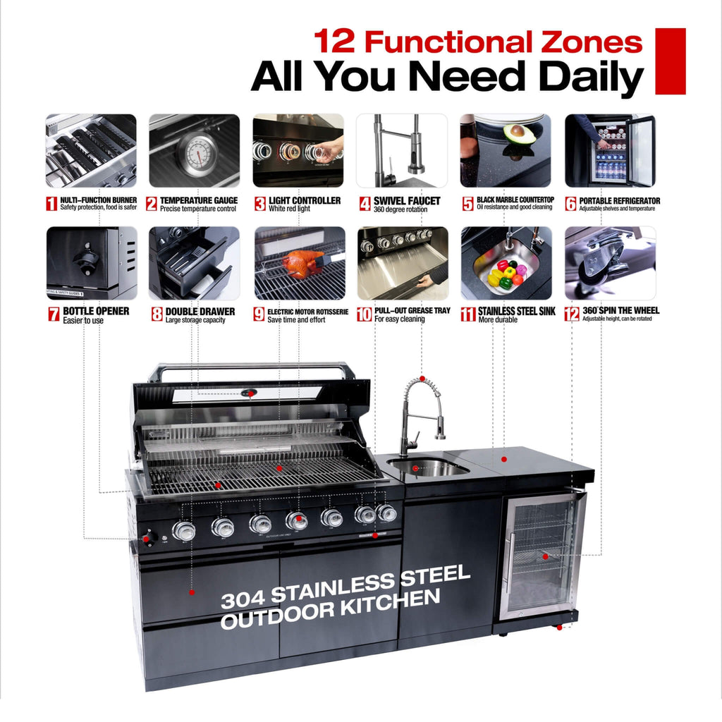 Castelle Flame 85K BTU Professional 6-Burner Outdoor Kitchen Suite with Black Granite (SAK23864)