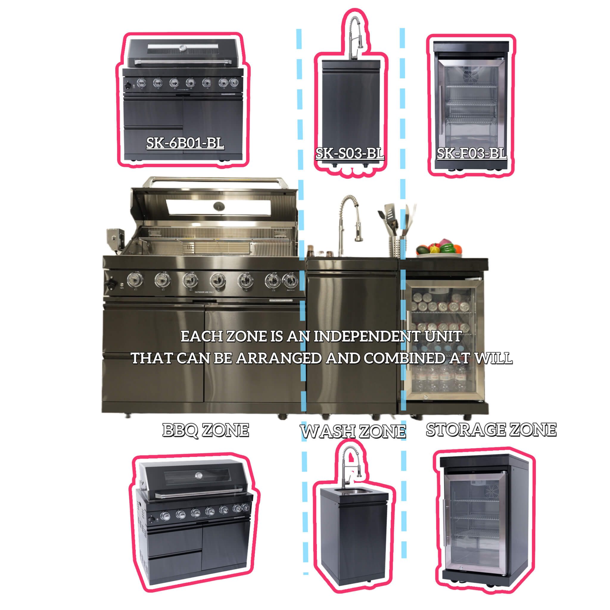 Castelle Flame 85K BTU Professional 6-Burner Outdoor Kitchen Suite with Black Granite (SAK23864)
