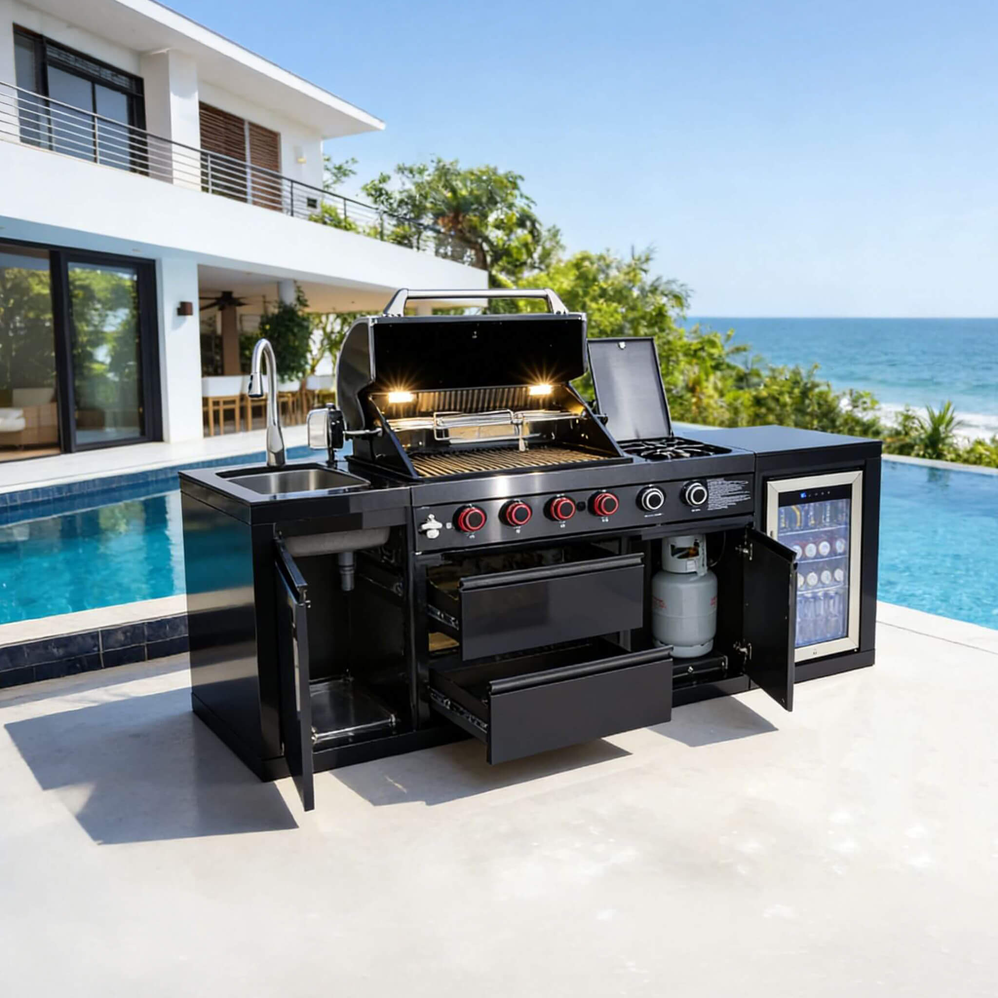 Castelle Flame Monarch 4-Burner BBQ Island with Fridge and Sink (SAK68127)