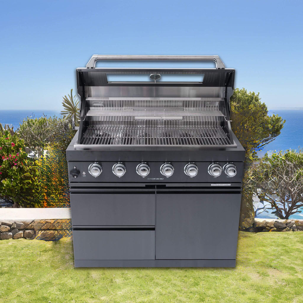 Castelle Flame 6-Burner Black Stainless Steel Outdoor Kitchen Island with Rotisserie (SAK82641)