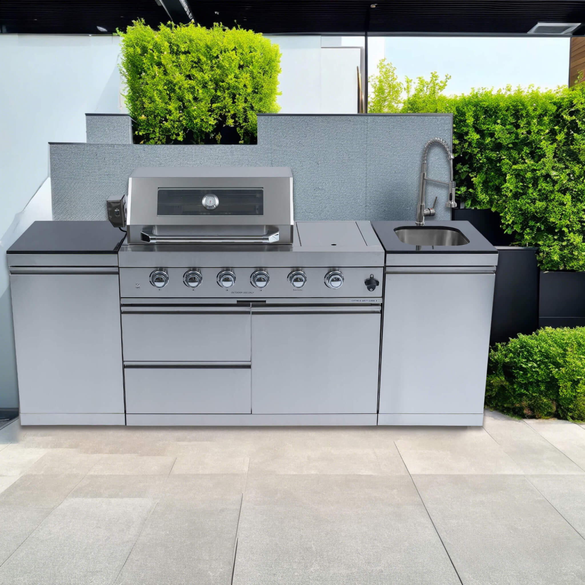 Castelle Flame Professional Series Stainless Steel Outdoor Kitchen Island with 46-Inch 4-Burner Grill & Rotisserie - SAK93192