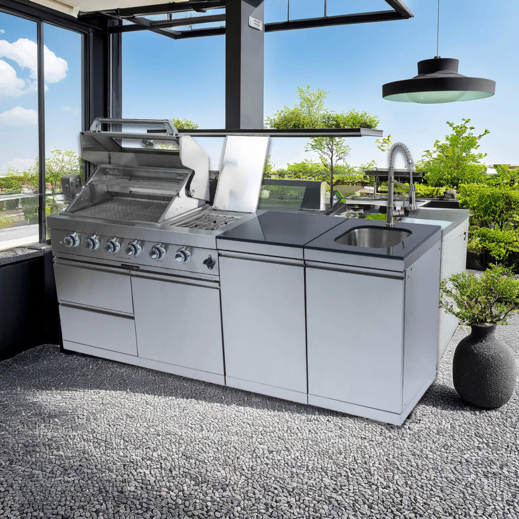 Castelle Flame Professional Series Stainless Steel Outdoor Kitchen Island with 46-Inch 4-Burner Grill & Rotisserie - SAK93192
