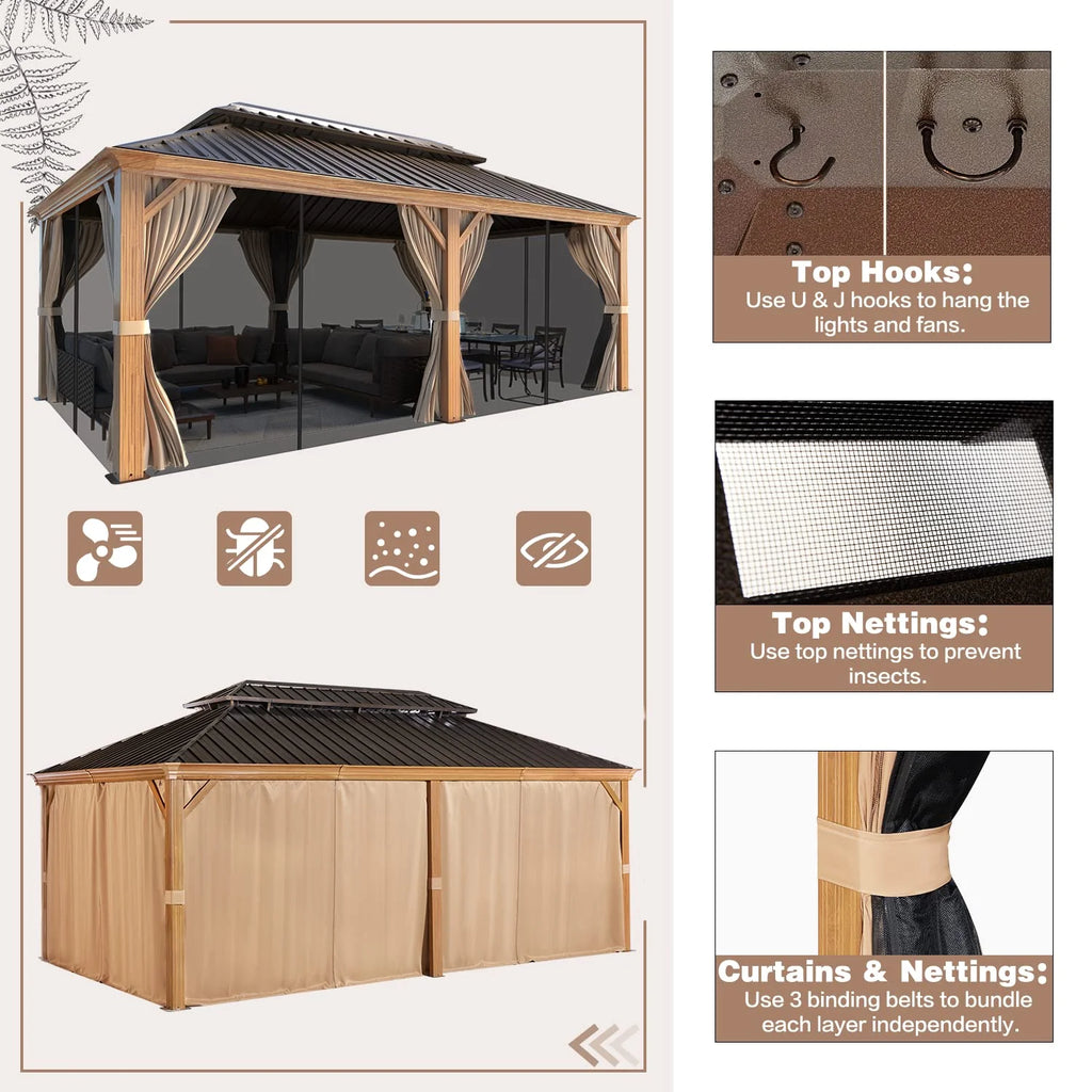 12' X 20' Hardtop Gazebo, Wooden Finish Coated Aluminum Frame Gazebo with Galvanized Steel Double Roof with Curtains and Netting