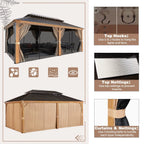 12' X 20' Hardtop Gazebo, Wooden Finish Coated Aluminum Frame Gazebo with Galvanized Steel Double Roof with Curtains and Netting