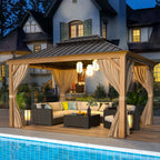 10'X12' Gazebo, Wood Grain Aluminum Frame Canopy with Double Galvanized Steel Hardtop Roof, Outdoor Permanent Metal Pavilion with Curtains and Nettings for Patio, Backyard and Deck