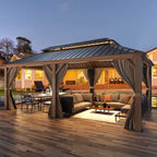 12' X 20' Hardtop Gazebo, Wooden Finish Coated Aluminum Frame Gazebo with Galvanized Steel Double Roof with Curtains and Netting