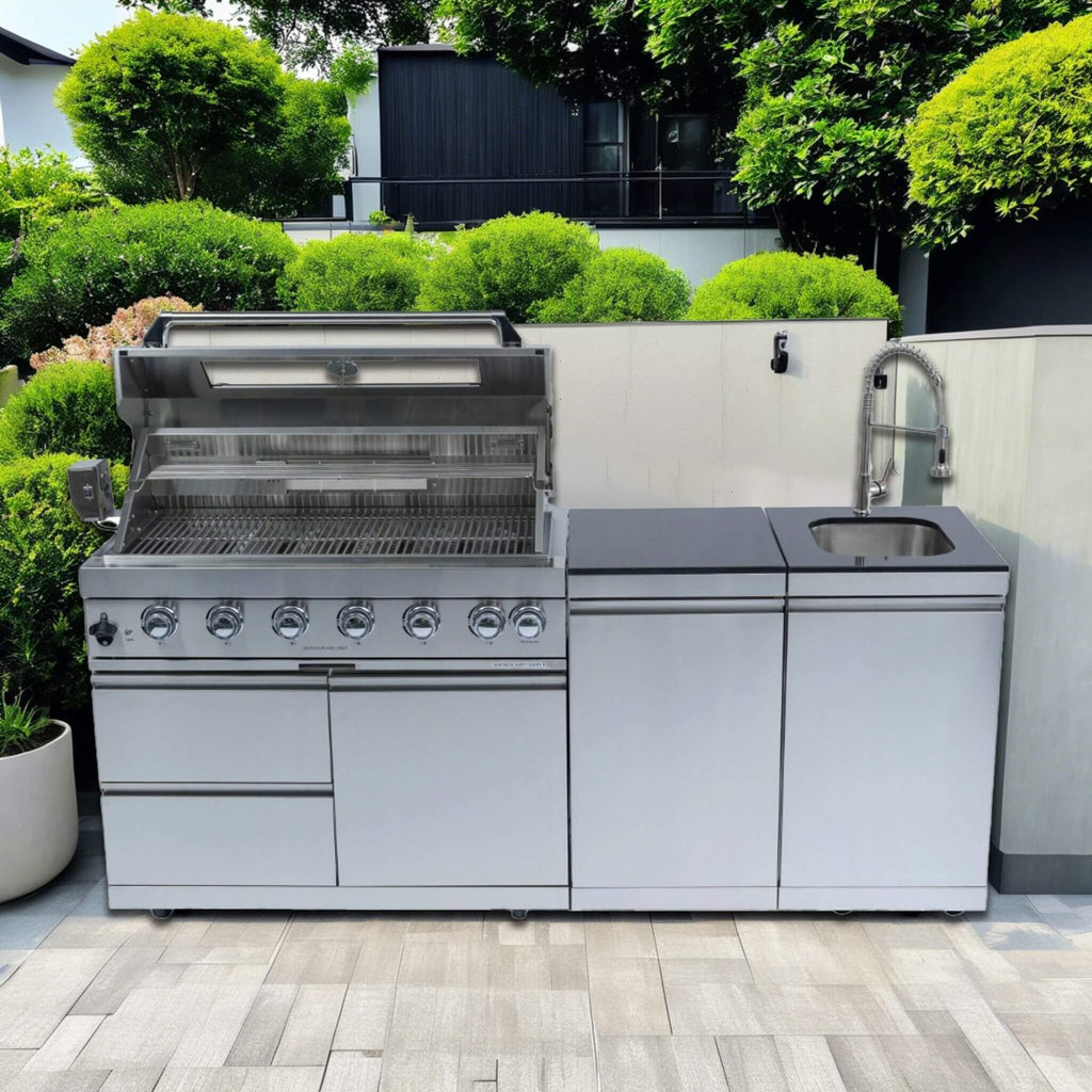 Castelle Flame 96-Inch Professional Outdoor Kitchen Island with 6-Burner Grill & Rotisserie (SAK95623)