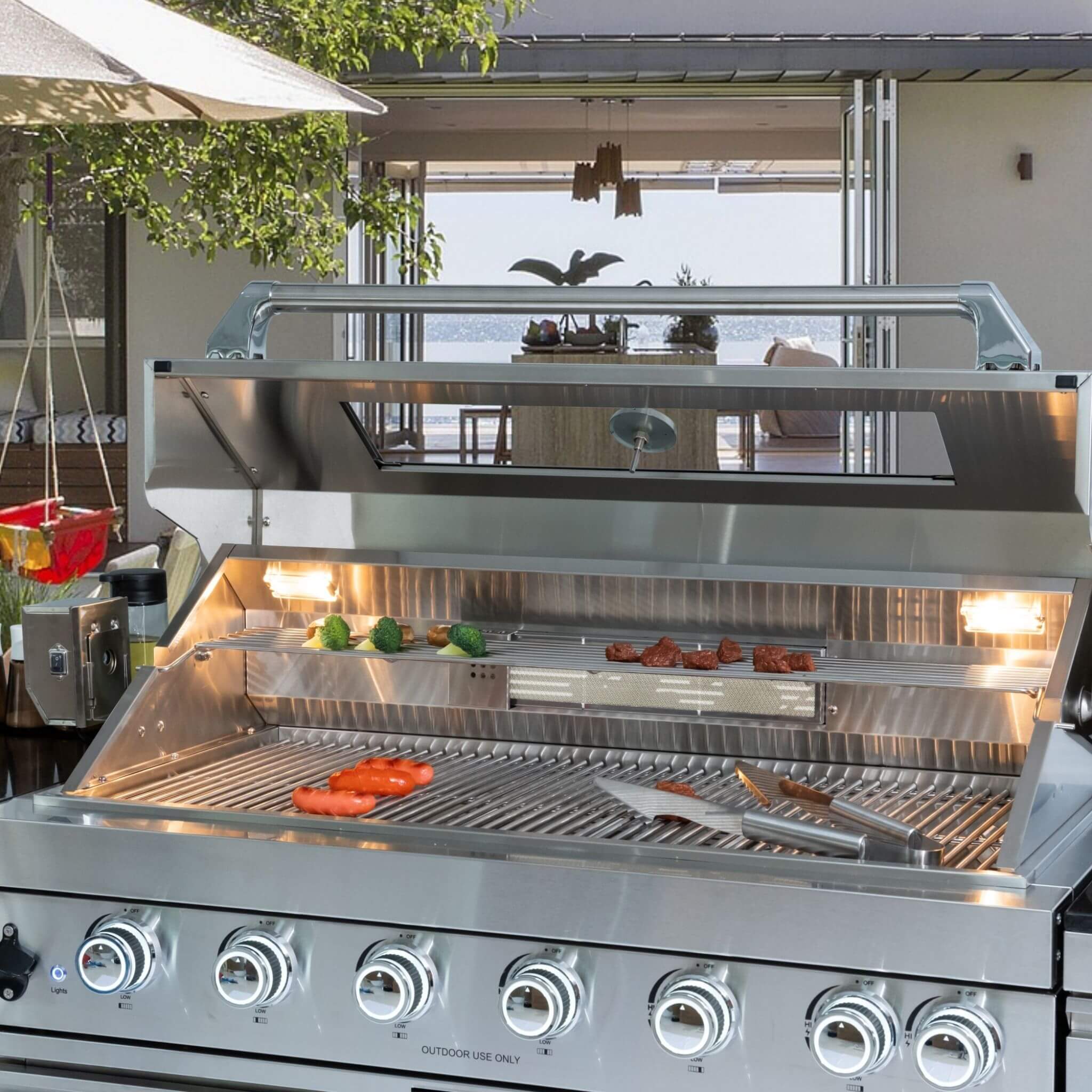 Castelle Flame 96-Inch Professional Outdoor Kitchen Island with 6-Burner Grill & Rotisserie (SAK95623)