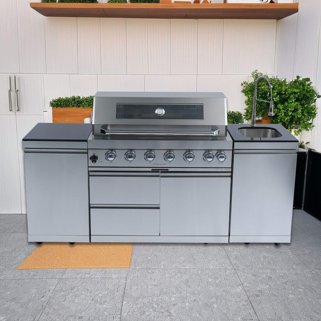 Castelle Flame 96-Inch Professional Outdoor Kitchen Island with 6-Burner Grill & Rotisserie (SAK95623)