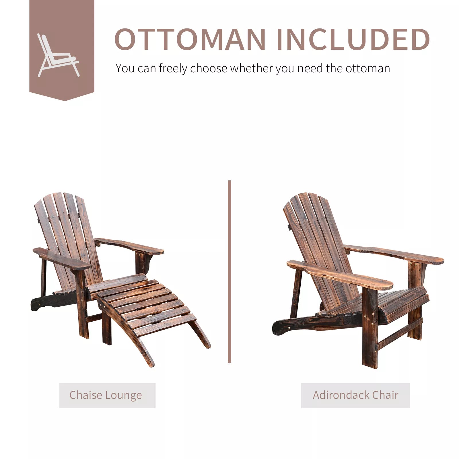 Heritage Solid Wood Adirondack Lounger with Integrated Ottoman